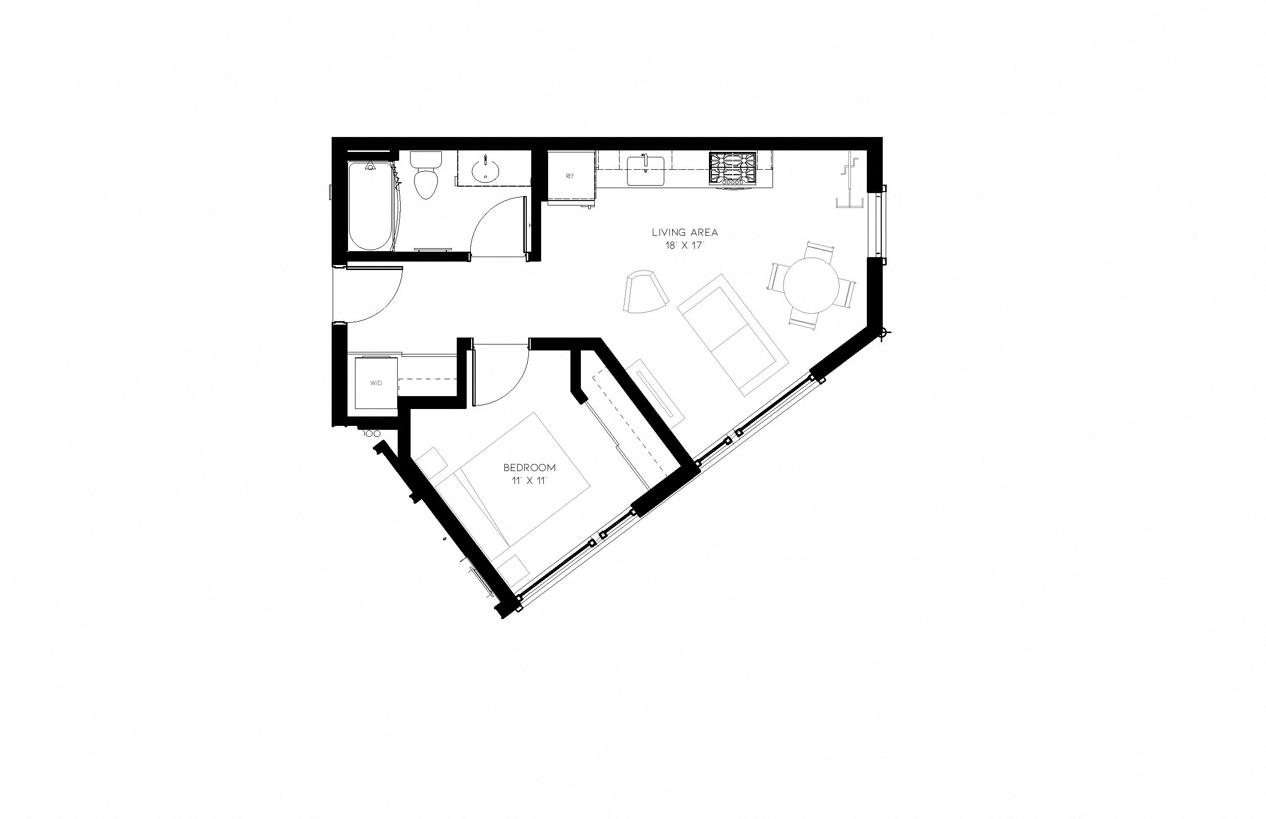 Floor plan for 1 bed, 1 bath, 533 sqft